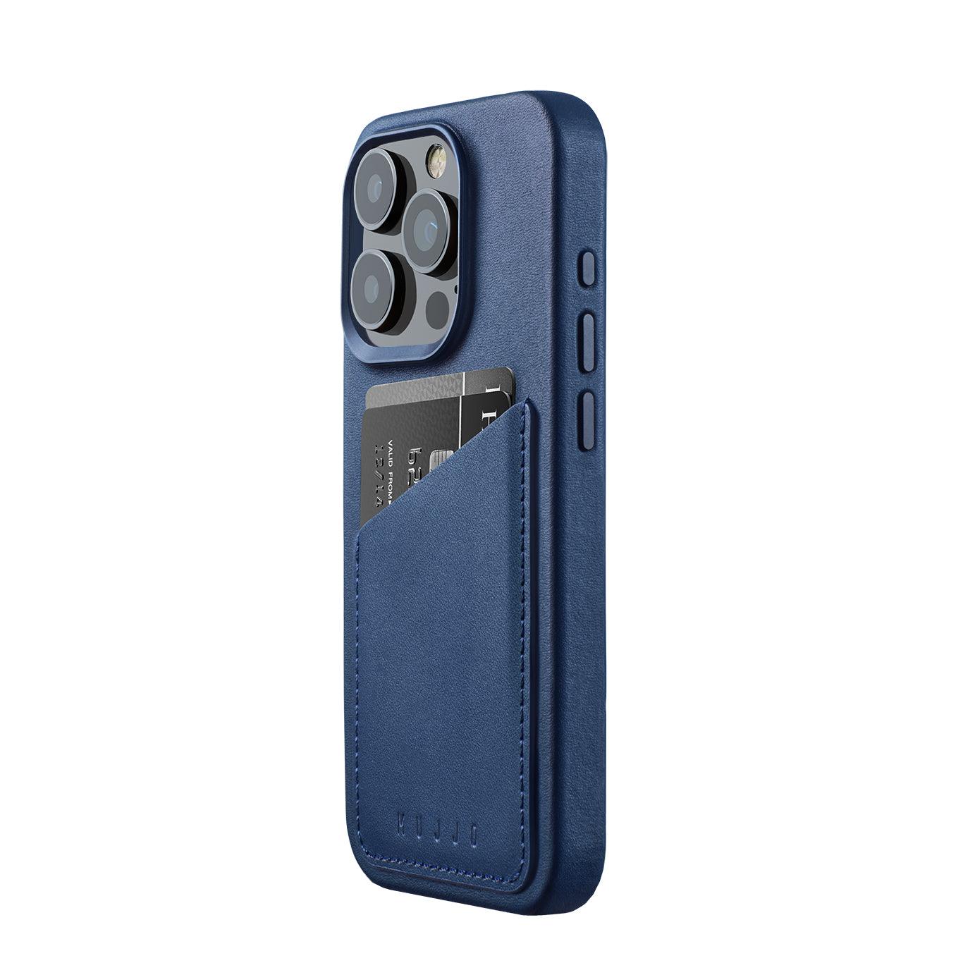 Mujjo Full Leather Wallet Case for iPhone 15 Pro, Monaco Blue