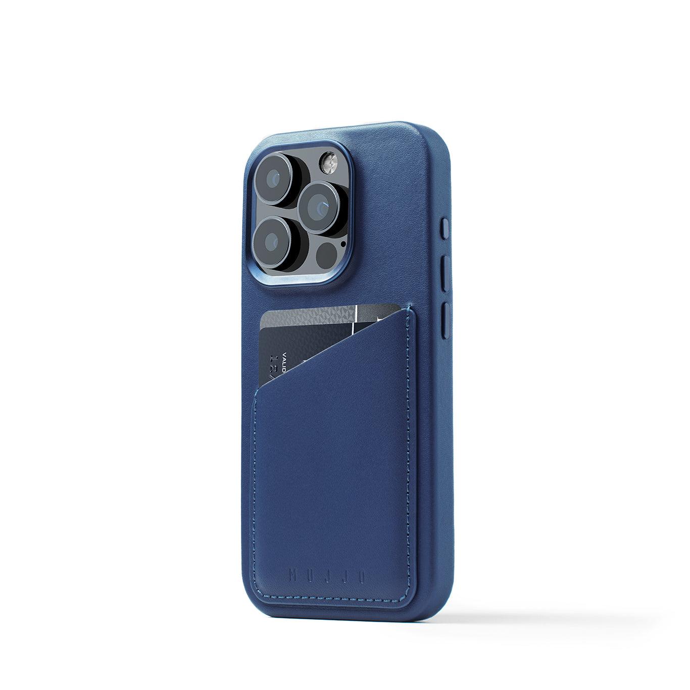 Mujjo Full Leather Wallet Case for iPhone 15 Pro, Monaco Blue