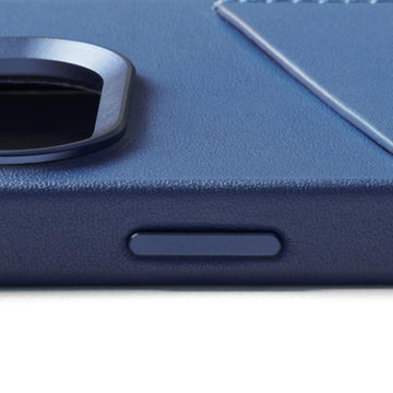 Mujjo Full Leather Wallet Case for iPhone 15 Pro, Monaco Blue, side buttons