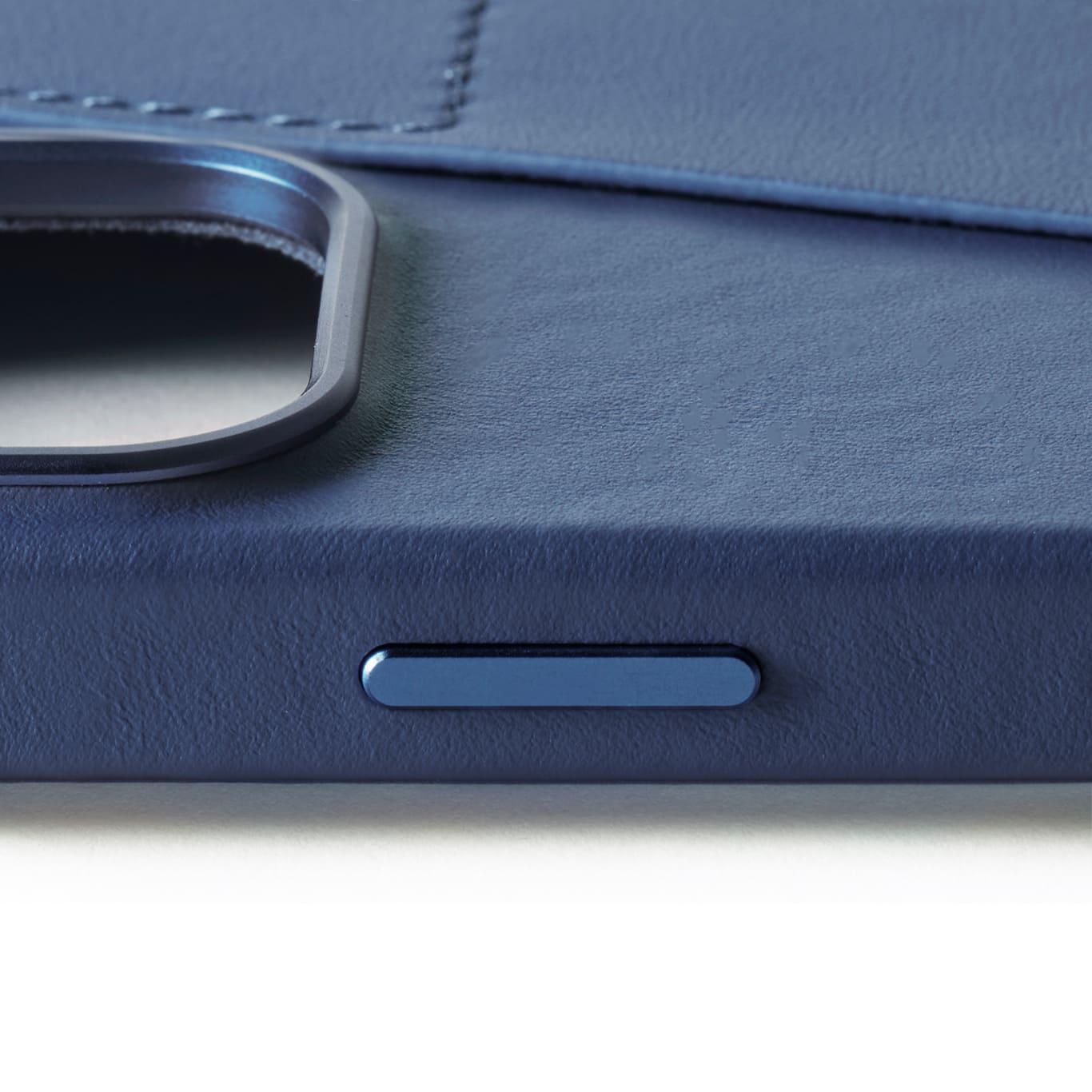 Mujjo Full Leather Wallet Case for iPhone 16 Pro Max, Monaco Blue, side button