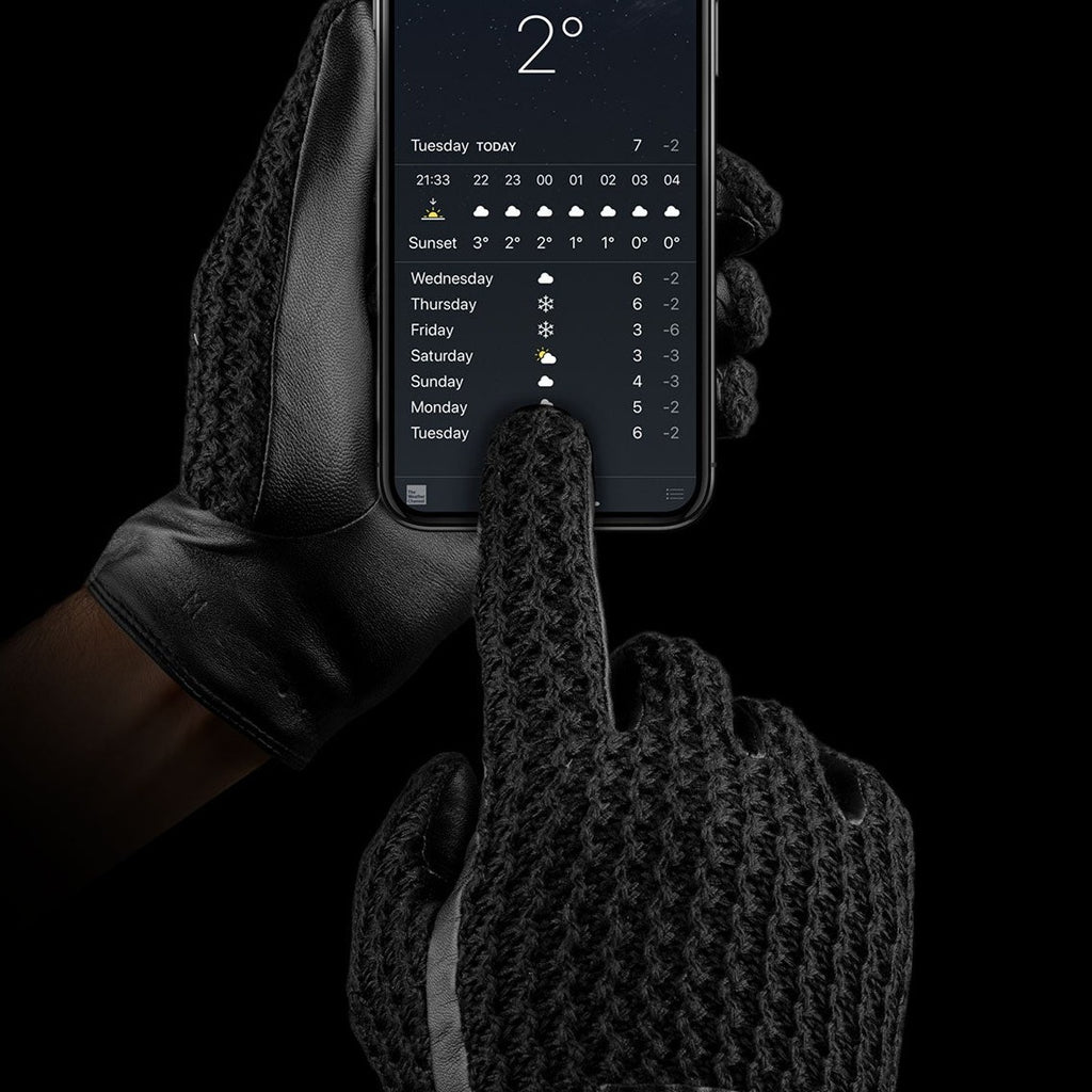 Mujjo Leather Crochet Touchscreen Glove, Black, holding phone