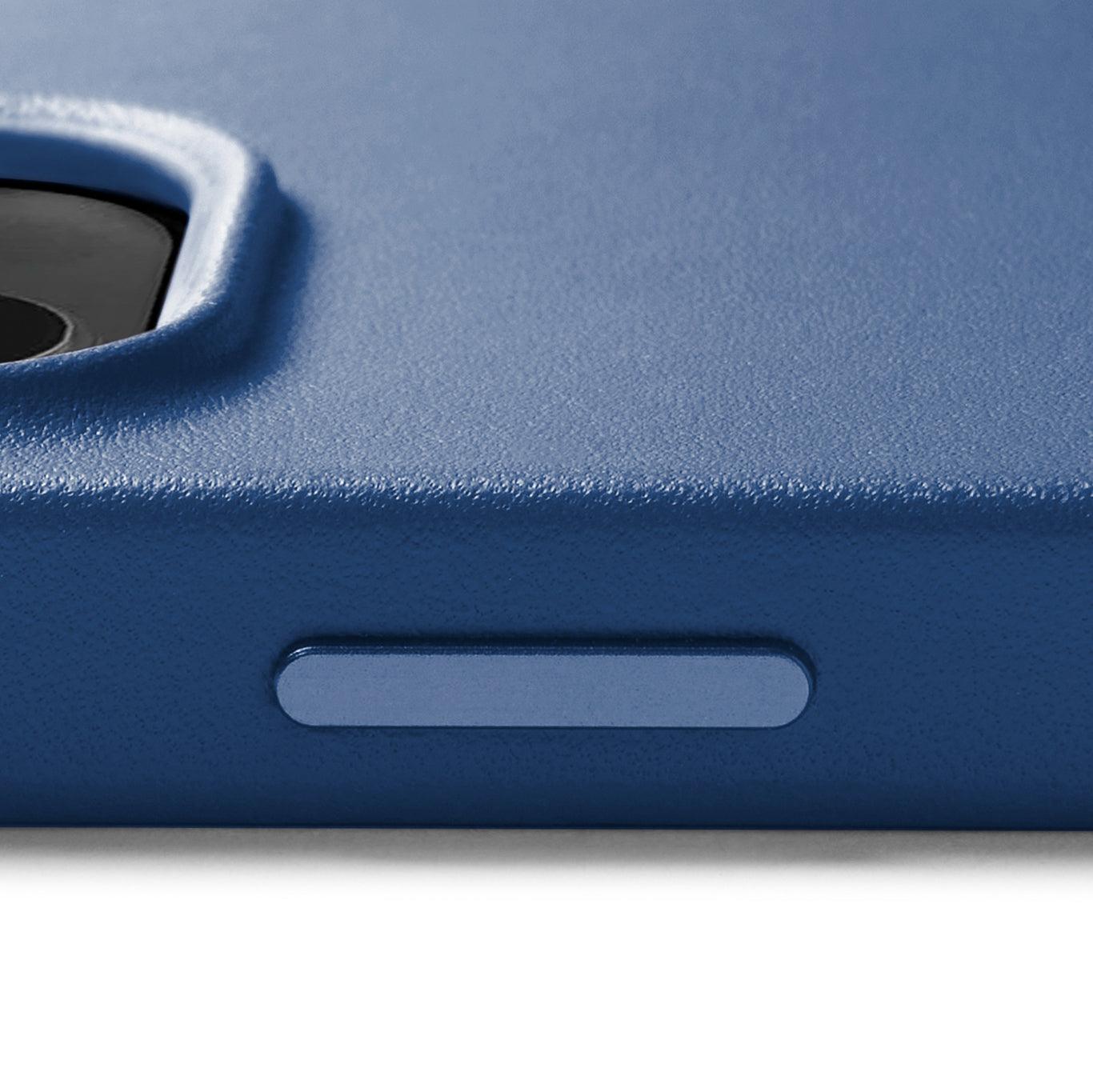 Mujjo Full Leather Case for iPhone 14 Pro, Monaco Blue, side button
